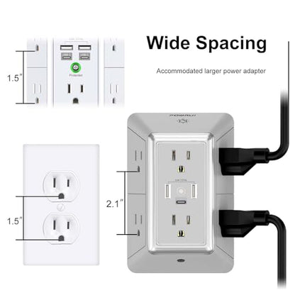 Multi Plug Wall Outlet Night Light, POWRUI 6 Outlet Extender & 3 USB Ports - color: Grey(6Outlets/Night Light), size: 2U1C
