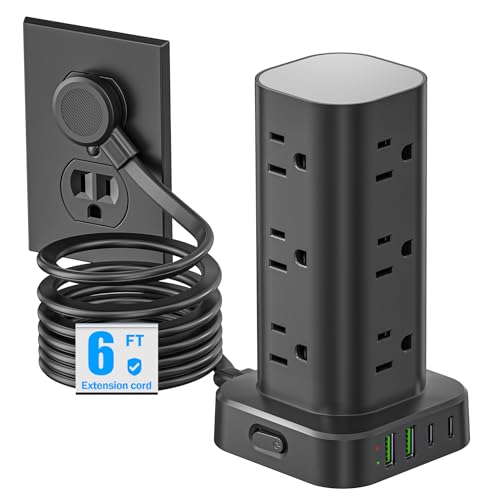 Tower Power Strip with Surge Protector - 12 AC Outlets & 4 USB Ports (2 USB-C), 6FT Extension Cord, Charging Station Tower for Home Office Dorm Travel (Black) - color: Black, size: 6FT without Wireless Charger