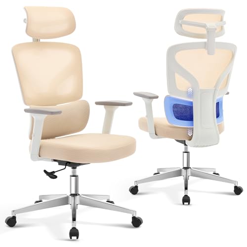 Ergonomic Office Chair Mesh – Adjustable Lumbar 3D Armrests High-Back Desk - color: Beige-d1