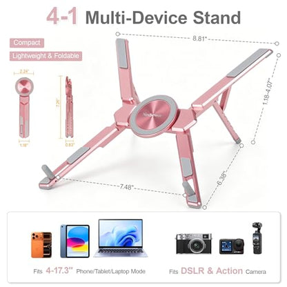 4-in-1 Portable Laptop Stand with Magnetic Phone Holder & Camera Tripod, Adjustable Aluminum Stand for Laptop, Tablet & iPhone, Foldable Ergonomic Setup for Home Office & Content Creation (Rose Gold) - color: Rose Gold