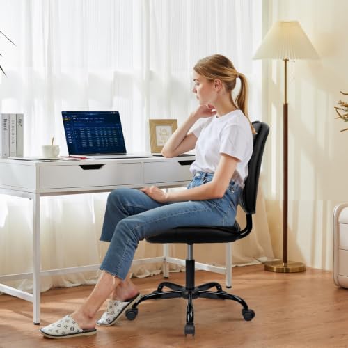 CLATINA Armless Home Office Chair with Lumbar Support and Wheels, Small PU Leather Ergonomic Low Back Desk Chairs No Arms, Adjustable Height 360° Swivel Rolling Computer Task Chair, Black, 2 Pack - color: Black-heibao, size: 2 Pack