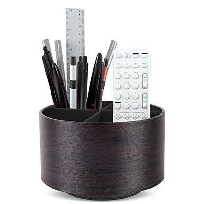 Round Leather Art Supply Organizer,Remote Control Holder,360 Degree Spinning,Multi-Functional Pencil Holder,4 Compartments Desktop Stationary Organizer(1-Dark Brown2) - color: 1-Dark Brown2