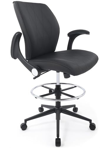 Ergonomic Adjustable Drafting Chair Extra Tall Office Stool for Standing Desk, Mid Back Faux Leather Counter Height Comfortable Bar High Roll Tilt Computer Chair with Flip Up Arms and Foot Ring, Black