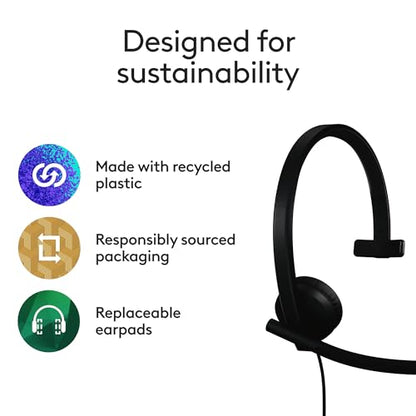 Logitech H570e USB Headset with Microphone, PC and Mac - Black | PC and Mac compatible, wired USB-C, inline controls, certified for Microsoft Teams - size: Teams, style: Mono