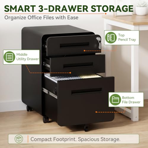 SAWJEC 3 Drawer File Cabinet with Lock, Fully Assembled Mobile Cabinet - color: 02l-black