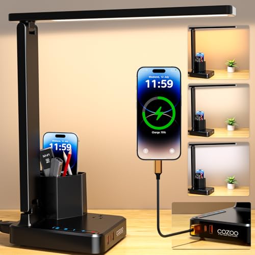 LED Desk Lamps for Dorm Office with USB C Charging Station, 800lm, CRI>90 - color: Black