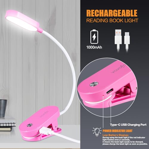 VAVOFO Rechargeable Book Light, 14 LEDs Eye Care Clip On Amber Reading Light for Bookworms Reading in Bed with 9 Colors 9 Brightness (Rose) - color: Rose