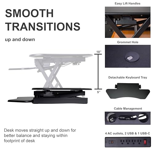Rocelco 46" Height Adjustable Corner Standing Desk Converter with AC Outlet USB Charger and Anti-Fatigue Floor Mat - Sit Stand Up Tabletop Riser - Keyboard Tray - Black (R CADRB-46-ACUSB-MAFM) - color: Black+acusb, style: Riser + Floor Mat