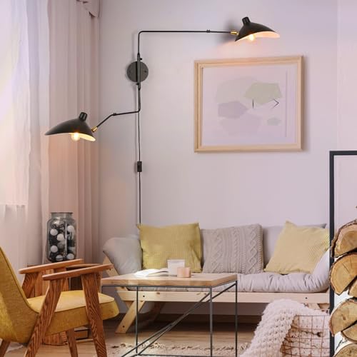 Modern 2-Light Swing Arm Plug In Wall Lamp, Adjustable Industrial Wall Sconces For Bedroom, Retro Cordless Beetle-Shade Wall Light Fixtures For Living Room, Wall Mounted Reading Lamp, Black