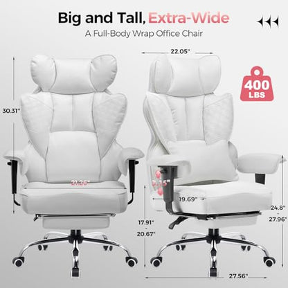 GTPLAYER Big and Tall Gaming Chair 400lbs Heavy Duty Office Chair with Foot Rest & Ergonomic Pocket Spring Lumbar Support, High Back 3D Saddle Shaped Cushion for Back Pain Relief, White - color: White