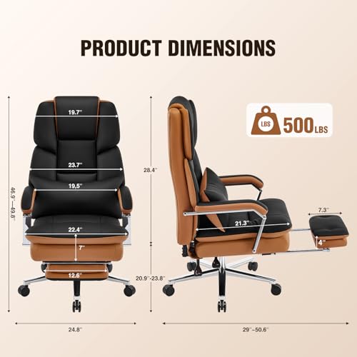 Furniliving Big and Tall Office Chair with Footrest, PU Leather High Back Executive Office Chair with Adjustable Lumbar Support, Wide Seat Reclining Desk Chair with Armrest, Height Adjustment, Black