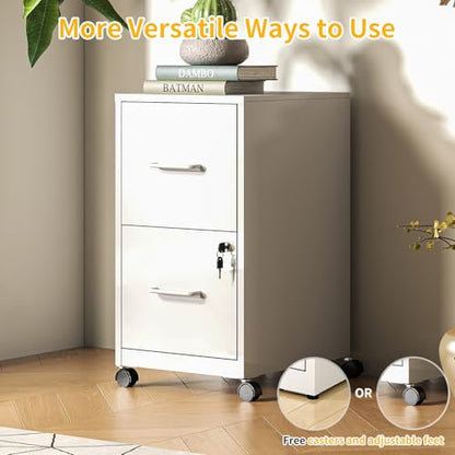 2 Drawer Mobile File Cabinet with Lock, Rolling Metal Filing Cabinet on Wheels, Lockable Under Desk Steel Vertical File Cabinets for Home Office, Letter/Legal/A4/F4, Assembly Required White