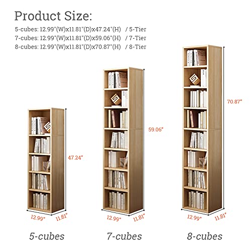 IOTXY Small Narrow Corner Bookcase - 47 Inches Tall Gap Freestanding Storage Cabinet, 5 Lattices Open Shelves Tower Rack, Cubes Bookshelf in Oak | Modern Minimalist Style, MDF Material, Adjustable Shelves, 5 Cubes Open Bookshelf, Floor Tower Rack, Space-S