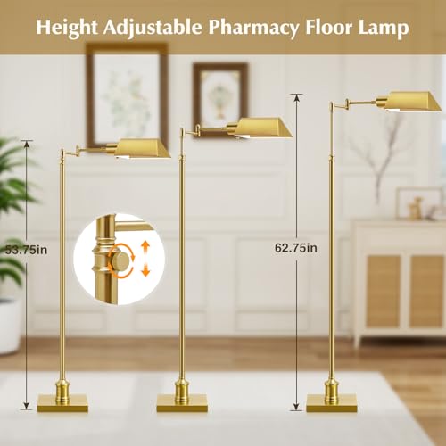 GyroVu Traditional Height Adjustable Pharmacy Floor Lamp with 350° Swing Arm, Color Temperature Adjustable Standing Lamp Metal Shade for Living Room Reading House Bedroom Home Office(Gold) - color: Gold
