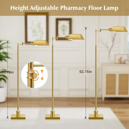 GyroVu Traditional Height Adjustable Pharmacy Floor Lamp with 350° Swing Arm, Color Temperature Adjustable Standing Lamp Metal Shade for Living Room Reading House Bedroom Home Office(Gold) - color: Gold