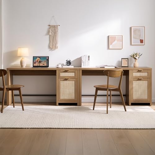 SICOTAS Executive Desk with Large Cabinet, Drawer, Rattan Home Office Desk | 59" Boho Farmhouse Computer Table Vanity Desk for Home Office, Study, Living Room, Dining Room - size: 2 Pieces