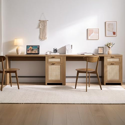 SICOTAS Executive Desk with Large Cabinet, Drawer, Rattan Home Office Desk | 59" Boho Farmhouse Computer Table Vanity Desk for Home Office, Study, Living Room, Dining Room - size: 2 Pieces