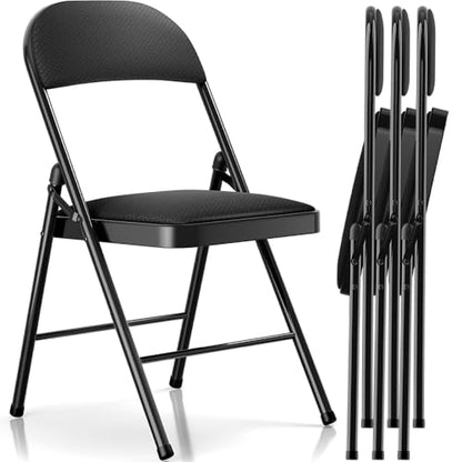 Fenbeli 4 Pack Padded Folding Chairs with Cushion, Black Fabric Foldable Chairs for Family Dining, Card & Game Nights, 330-Pound Heavy-Duty Steel Frame, Auto-Lock Hinge, Breathable Cushion, Folds Flat - color: Black, Fabric, size: Set of 4