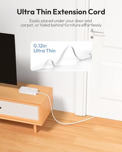 Flat Extension Cord 25 FT, NTONPOWER Long Power Strip, 10 Outlets 4 USB Ports (2 USB C), 3 Side 3 Prong & 2 Prong, Overload Protection, Flat Plug Wall Mount, White, SurgePro - size: 25 FT