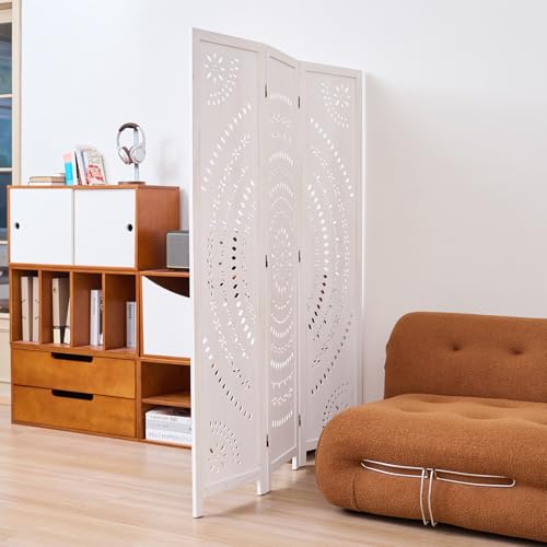66.9Inch Folding Room Divider, 3 Panels Wood Carved Privacy Screens, Free Assembled Freestanding Partition for Home Office Restaurant Bedroom (White-Washed) - color: White-washed, size: 3 Panels