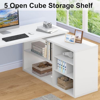 HSH White L Shaped Desk with Storage, Home Office Desk for Work, 55 Inch - color: White Oak