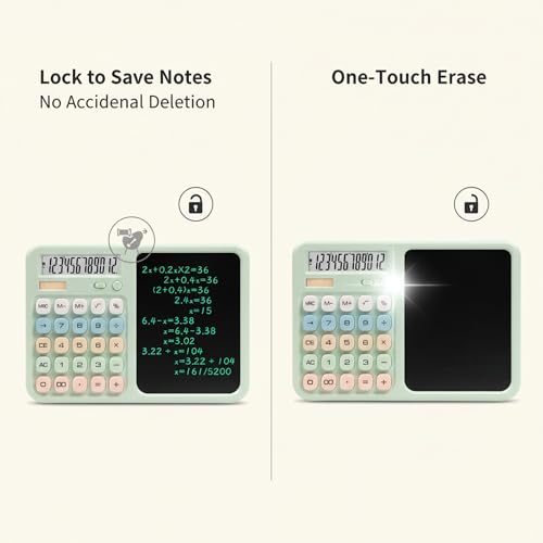 Calculator with Writing Tablet, Desktop Calculator with LCD Notepad, 12-Digit Large Display, Dual Power (Solar & AAA Battery), Erasable Memo Pad with Stylus for Office Finance School (White) - color: White