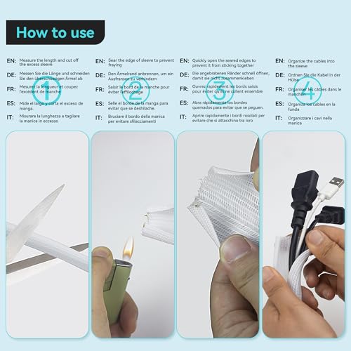 Self-Wrapping Braided Cable Sleeve, 0.51" Diameter 9.84ft Cable Management Tube, PET Wire Organizer for PC TV Home Office, White - color: White