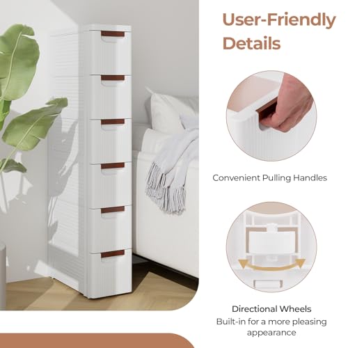 MAT EXPERT Narrow Storage Drawers, Slim Rolling Drawer Cart with Universal Wheels, Convenient Handles, Storage Organizer Utility Cart for Bedroom, Living Room, Bathroom, Kitchen (6 Drawer) - size: 6 Drawer