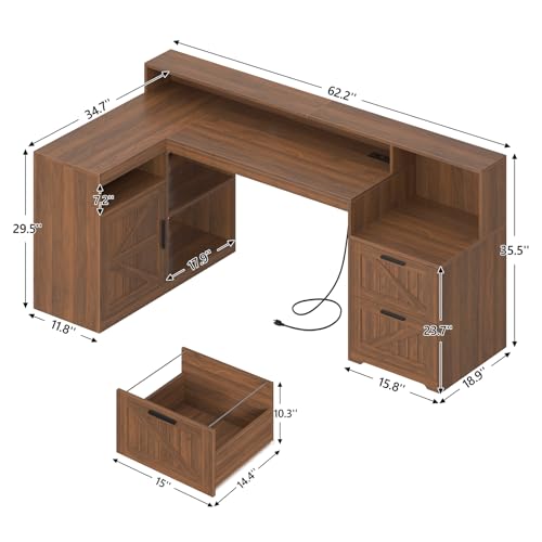TVU Farmhouse L Shaped Desk with Drawers, 62.2" Home Office Desk with Storage Shelves and Power Outlet, L Shaped Computer Desk with Monitor Stand and Printer Shelf, Brown - color: Brown