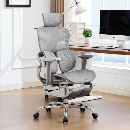 Ergonomic Mesh Office Chair with 2-Zone Lumbar Support and Footrest,Grey | Big and Tall, 400LBS, Adjustable Seat Depth, 4D Headrest, 4D Armrests Swivel Executive Chair for Home Office - color: Grey