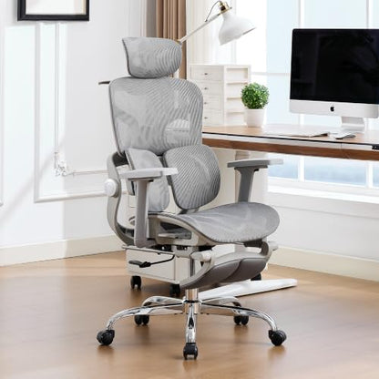 Ergonomic Mesh Office Chair with 2-Zone Lumbar Support and Footrest,Grey | Big and Tall, 400LBS, Adjustable Seat Depth, 4D Headrest, 4D Armrests Swivel Executive Chair for Home Office - color: Grey