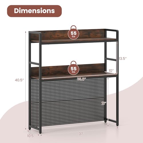Desk Hutch, 37" Desktop Bookshelf with Pegboard, Countertop Storage Hutch for Computer Monitor, 2-Tier Desk Display Rack, Desktop Organizer Shelf for Dorm Home Office, Rustic Brown - color: Black+rustic Brown