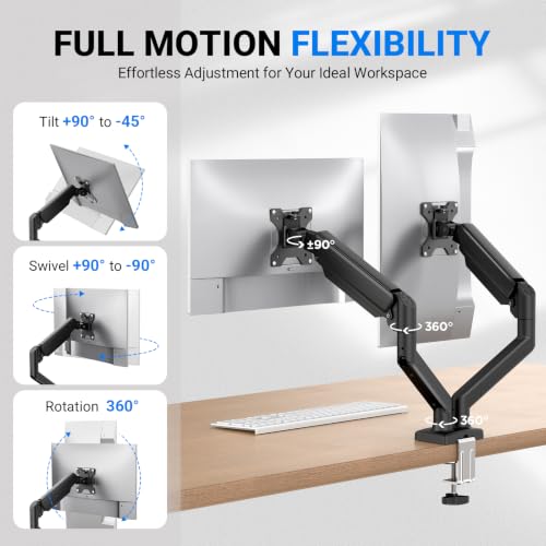 GRIFEMA Gas Spring Monitor Mount for 13-32″, Dual Monitor Arm, Easy Install | Full Motion Adjustable 360° Rotate Swivel Tilt, Up to 19.8 Lbs Each, VESA 75/100mm, Monitor Stand for Home Office Gaming Desk - size: Dual Arm