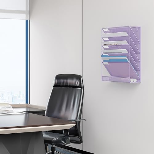 EasyPAG 5 Tier Wall File Holder, Mesh Hanging Folder Organizer with Classify Label, Versatile Desk File Holder, Vertical Wall Mounted Mail Organizer for Office Home Cubicle, Purple - color: Purple