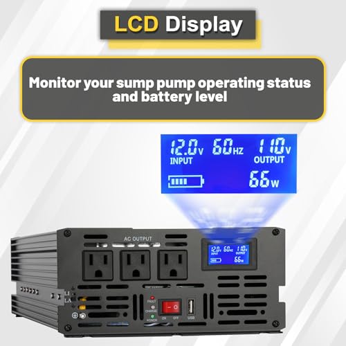 Miumoon 2000W Primary Sump Pump Backup System, Basment Protection Backup Inverter, Black, LCD Display, Auto Switches for Continuous Sump Pump Operation, Basement Emergency and Power Outage Backup - style: 2000W