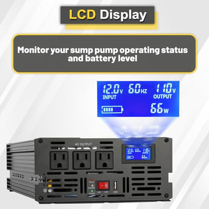 Miumoon 2000W Primary Sump Pump Backup System, Basment Protection Backup Inverter, Black, LCD Display, Auto Switches for Continuous Sump Pump Operation, Basement Emergency and Power Outage Backup - style: 2000W
