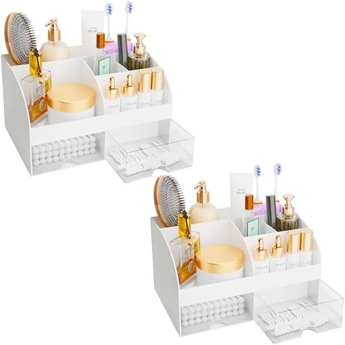 Makeup Organizer with Drawers, Cosmetic Storage for Dresser Vanity and Bathroom Countertop, Beauty Holder for Lipstick Brush, Skincare Organizer for Vanity, Cosmetic Display Case (White-2P) - color: White-2Pack