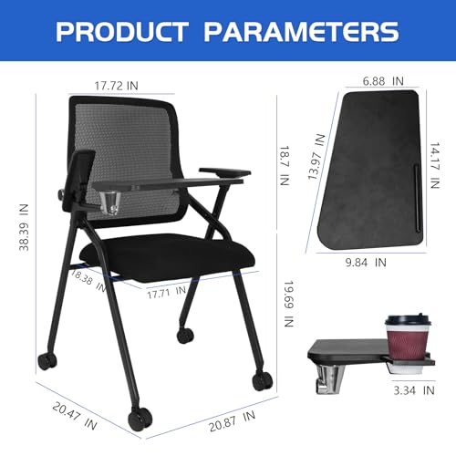 Updated Conference Room Chairs with Tablet Arm, Folding Office Desk Chair with Lumbar Support and Sliding Armrest with Casters, Stackable Office Guest Chairs & Reception Chairs, 1 Pack Black - color: Black With Tablet Arm, size: 1 Pack