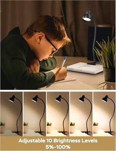Clip on Light Reading Light for Bed 3 Color Modes Black | 10 Dimmable Brightness Eye Care Clamp Desk Lamp 360° Flexible Desk Book Light for Reading Bed Headboard Computer - color: Black