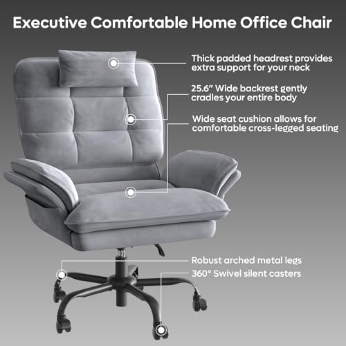 Bestier Criss Cross Chair with Wheels, Wide Desk Chair Velvet Grey | 135° Reclining Swivel Executive Chair with Flip-Up Armrests and Headrest, Big and Tall Computer Desk Chair with Side Pockets - color: Grey Velvet, size: High Back
