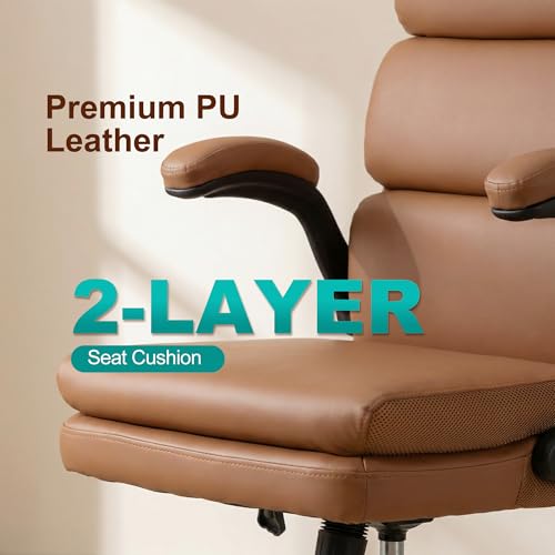 Mid Back Office Desk Chair,Leather Conference Room Chairs,Ergonomic Home Computer Chair,Modern Executive Chair with Padded Flip-up Armrest and Swivel Wheels (Brown) - color: Brown