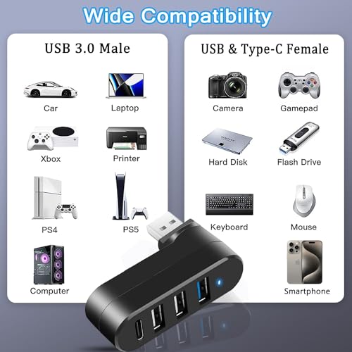 VIENON 4-Port USB 3.0 Hub [90°/180° Degree Rotatable], USB Splitter with PD-in 5W USB C Port, USB Extender for Laptop, Car, iMac, MacBook Air, MacBook Pro, and More - style: USB 3.0 Hub