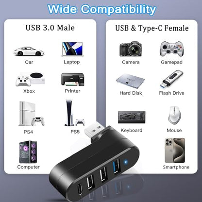 VIENON 4-Port USB 3.0 Hub [90°/180° Degree Rotatable], USB Splitter with PD-in 5W USB C Port, USB Extender for Laptop, Car, iMac, MacBook Air, MacBook Pro, and More - style: USB 3.0 Hub