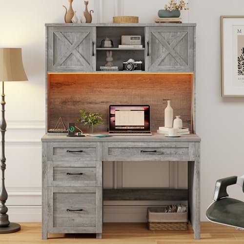 Halitaa Farmhouse 67" H Executive Desk with Hutch & Drawers, Grey | Office Desk with LED Light, Wood Workstation for Home Office and Study, Computer Desk with File Drawers, Charging Station. - color: Grey, size: Left Cabinet 4-Drawer