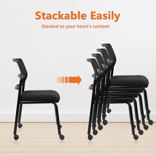 CLATINA Stacking Armless Office Guest Chair with Wheels, Stackable Mesh Waiting Room Reception Desk Chairs with Adjustable Backrest for Conference Lobby Side School, Black, 4PK - size: 4 Pack