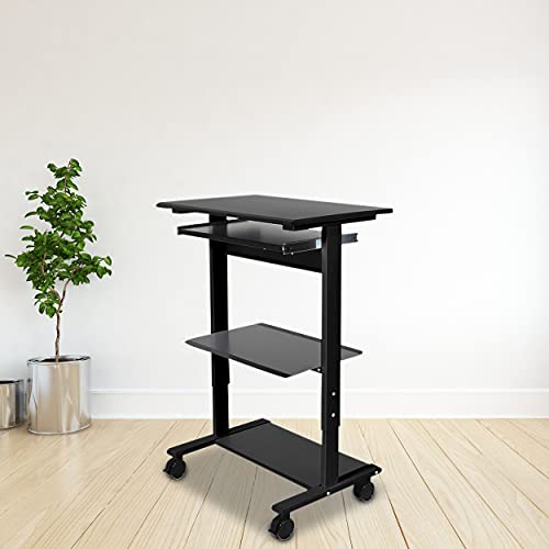 Stand Up Desk Store Mobile Rolling Adjustable Height Standing Workstation with Printer Shelf and Slideout Keyboard Tray (Black Frame/Black Top, 30" Wide) - color: Black/Black