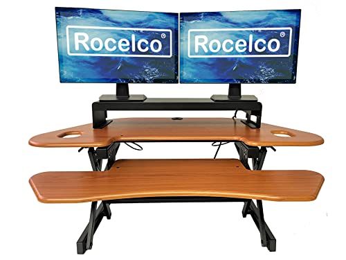Rocelco 46" Height Adjustable Corner Standing Desk Converter with Dual Monitor Stand Bundle - Sit Stand Up Computer Workstation Riser - Extra Large Keyboard Tray - Teak Wood Grain (R CADRT-46-DMS) - color: Teak/Black, style: Riser + Monitor Stand