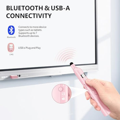 N21 Bluetooth Presentation Clicker for PowerPoint with Retractable Pointer | ①Laser Pointer②Telescopic touch pen③Countdown timer, vibration alert ④Customizable Button ⑤Rechargeable;battery level display - color: Pink - Red Pointer