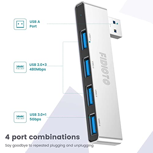 Small USB Hub, Fidioto 4 Port USB Adapter(1 * 3.0 Hub, 3 * 2.0 Hub), Multi USB Port Expander for Laptop, iMac Pro, MacBook Air, Mac mini/Pro, Notebook PC, USB Flash Drives and Mobile HDD Etc. - color: Silvery