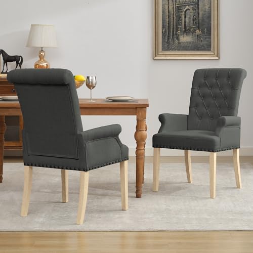 LOULENS Linen Dining Chair with Arms, Tufted Dining Room Chairs, Dark Grey | Solid Wood Legs, Nailhead Trim, Accent Chair, Kitchen Chair - color: Dark Grey-a, size: 1 PCS